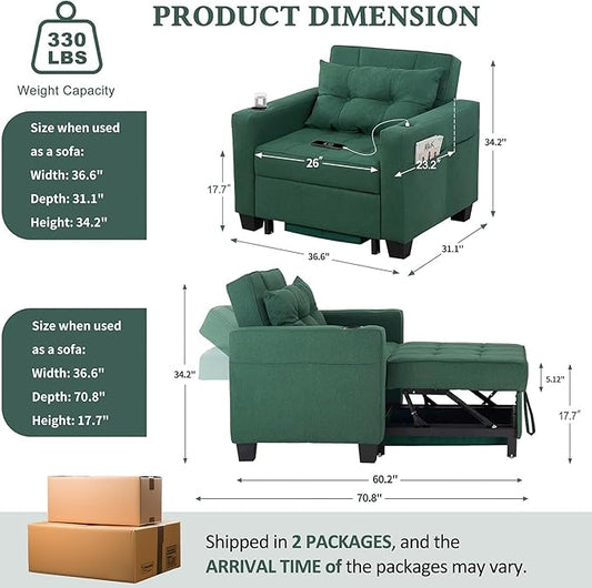 DURASPACE Pull Out Sofa Bed 3-in-1 Convertible Sofa Sleeper Chair Bed with USB, Cup Holder, Adjustable Armchair Beds for Small Spaces, Apartment, Living Room, Office (Green Linen)