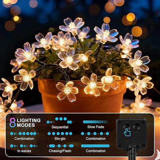 2 Pack Total 52FT 120 LED Solar String Lights Outdoor Waterproof Flower Fairy Lights for Garden Fence Patio Yard Christmas Tree Lawn Wedding Party Decor, Warm White