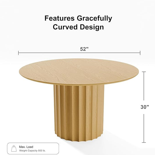 Casaphoria 52" Round Dining Table, Modern Wood Kitchen Table with Cylindrical Wide Bar Concave Base for Living Room & Dining Room, Easy Assembly Farmhouse Furniture for 4-6, Oak