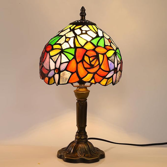 Rose Tiffany Small Table Lamp 3 Way Color Temperatures Stained Glass Bedside Nightstand Table Lamps for Living Room,Bedroom, Home Office Reading Desk Lamp+LED Bulb,8X8X15 Inch