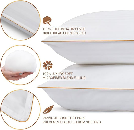 5 STARS UNITED Standard Size Pillows - Set of 2, 20x26, Super Soft Fiber Fill - Striped Satin Cotton Covers
