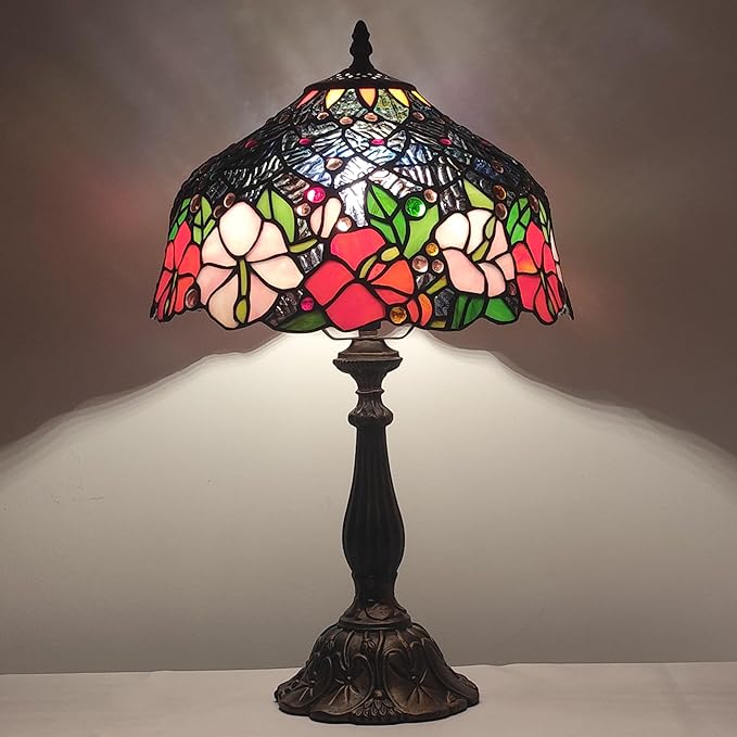 Tiffany Lamp Stained Glass Table Lamp Tiffany Style 3-Way Vintage Beside Reading Light 12 inch Flowers Style Antique Nightstand Light (Red Pink Flowers)