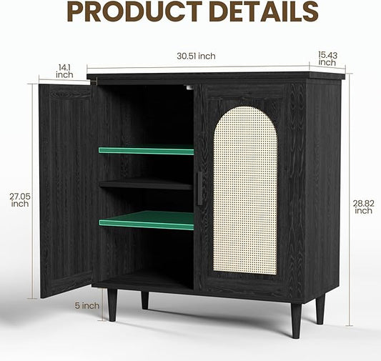 GarveeHome Sideboard Buffet Kitchen Storage Cabinet with Rattan, Solid Wood Feet for Living Room, Hallway, Entryway, Cabinet with Ample Storage Space (Black, 2 pcs)