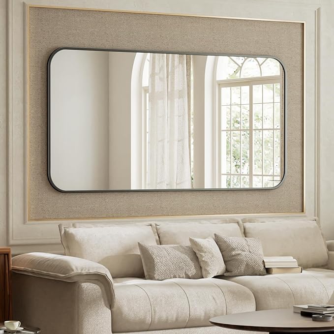 BEAUTYPEAK 30" x 48" Black Metal Frame Rectangle Vanity Mirror with Rounded Corners, Wall Mounted Bathroom Mirror for Farmhouse, Restroom, Entryway, Horizontal or Vertical Hanging