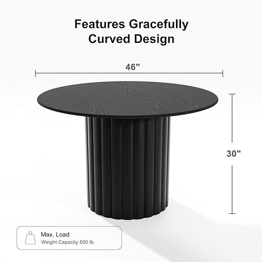 Casaphoria 46" Round Dining Table, Modern Wood Kitchen Table with Wide Column Pedestal Base for Living Room & Dining Room, Easy Assembly Farmhouse Furniture for 4-6, Black
