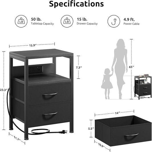 NightStand Bedside Charging Table Bedroom - Night Stand with Charger Station, Modern Nightstand with Open Shelf & 2 Fabric Drawers, Bed Side Table with USB-C Port for Dorm, Black