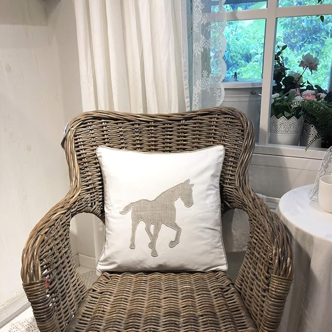 Animal Cotton Throw Pillow Covers Horse Pattren Embroidered 18x18 Inches for Couch Cushions Covers (White) …
