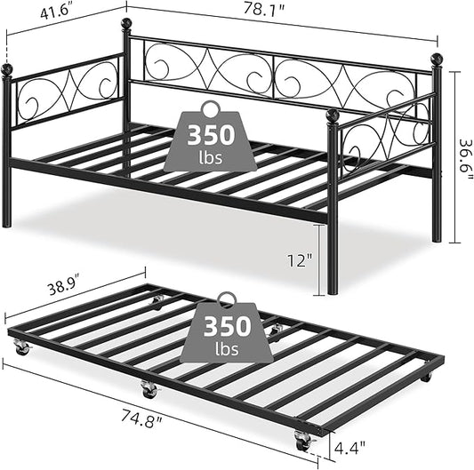 IDEALHOUSE Twin Daybed with Trundle, Metal Trundle Bed, Sofa Bed Frame, Heavy Duty Metal Slats, for Living Room, Bedroom, Guest Room, Space Saving, Black