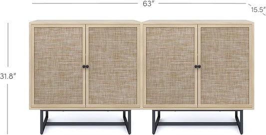 Nathan James Kova Rattan Wood Accent Sideboard Storage Cabinet TV Stand with Matte Metal Frame, Adjustable Shelves and Cane Doors, for Hallway, or Living Room, Light Oak/Cane/Black, Set of 2