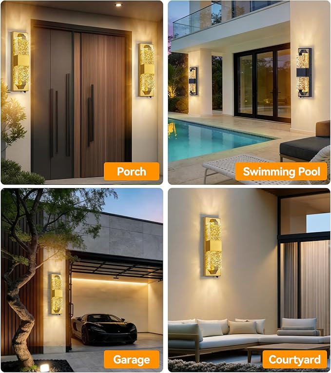 Dusk to Dawn Outdoor Lighting 2 PCS 15.6'' Porch Lights Outdoor IP65 Waterproof Gold Exterior Lighting Fixtures 12W LED Ripple Crystal Glass Modern Outside Light for House Hallway Doorway Patio