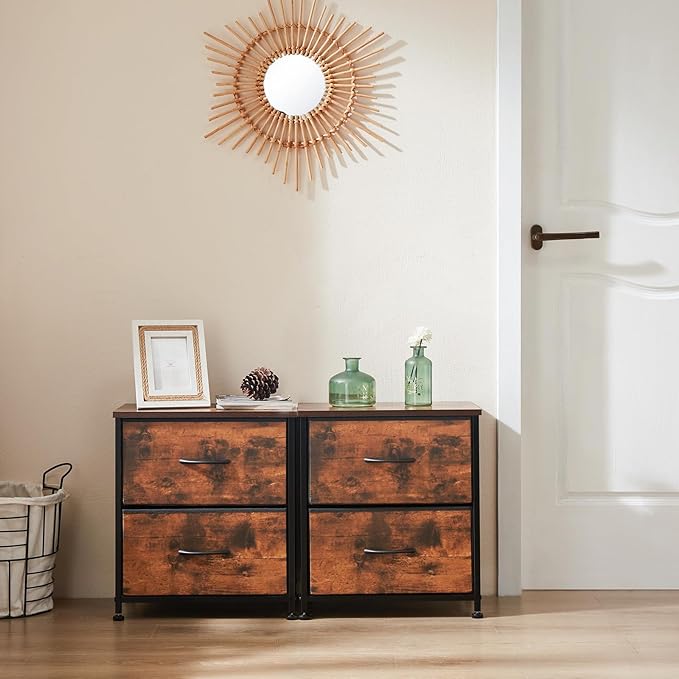 NEWBULIG Nightstand with 2 Fabric Drawers, 25 Inch Tall Small Dresser, Bedside Table with Storage for Bedroom, Closet, Entryway, Dorm, 2 Pack with Sturdy Frame and Compact Design, Rustic Brown02