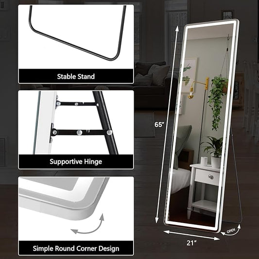 Alpen Full Length Mirror with LED Lights, 65" x 21" Lighted Full Body Mirrors, Aluminum Frame Mirror with 3 Color Lighting, Hanging Mounted Mirrors for Bedroom Dressing Room Cloakroom