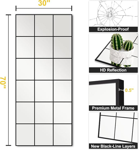 Large Window Pane Full Length Mirror for Wall, 70"x30" Oversize Black Full Body Wall Mirror for Living Room, Bedroom, Entryway, Hanging or Leaning