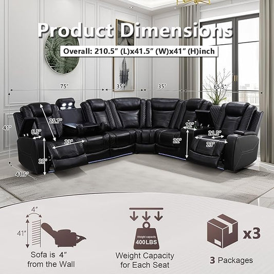 Power Recliner Sectional Sofa with LED Light for Living Room, Black Leather Reclining Sofa Corner Sectional Couches Set, Cup Holder, Storage Console for Home Theater Seating