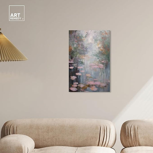 Art Remedy Pink Impressionisty Lilypads Gallery Wrapped Impressionism 1 Piece Canvas Wall Art/Monet And Van Gogh Inspired Art, 16" x 24", Gallery Wrapped