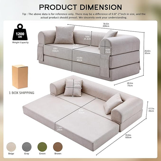 78.5" Convertible Sleeper Sofa Bed, Faux Leather Deep Seat Folding Floor Sofa with Pullout Bed & 2 Pillows, No Assembly Modern Boneless Couch Compression Sofa in Box for Living Room, Office, Beige