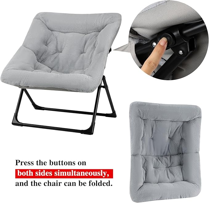 Comfy Saucer Chair for Adults, Soft Faux Fur Bedroom Chair with Ottoman, Accent Dorm Chairs, Living Room Reading Chairs and Footstool, Folding Seat for Teens, X-Large, Grey