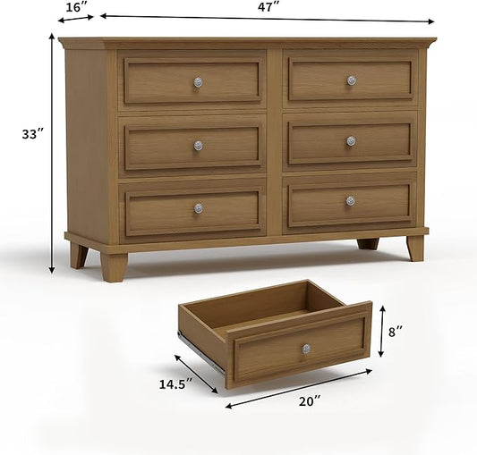 GAOMON Dresser for Bedroom, 6 Drawer Wide Dresser Storage Organizer, Modern Wooden Chest of Drawers with Metal Handles for Hallway, Entryway, Home Office, Brown