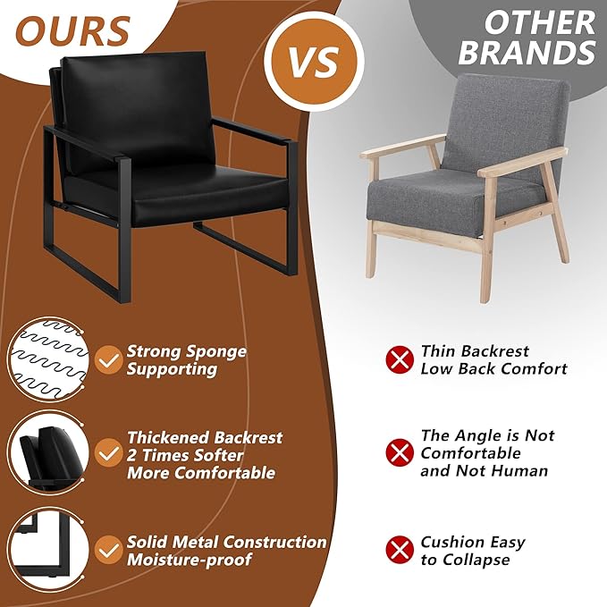 AWQM Leather Accent Chair Set of 2 Sofa Chair with Extra-Thick Padded Backrest and Seat Cushion Single Sofa for Living Room Bedroom, Black Metal Frame, 105 Degree Slant Back-Black(Set of 2)