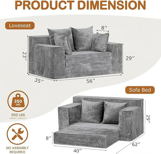 Convertible Sofa Bed, 5 in 1 Small Boneless Couch Pull Out Loveseat Sleeper Sofa,Corduroy Futon Couch Folding Mattress with 4 Pillows for Living Room (Light Gray, Loveseat(Silky Velvet))