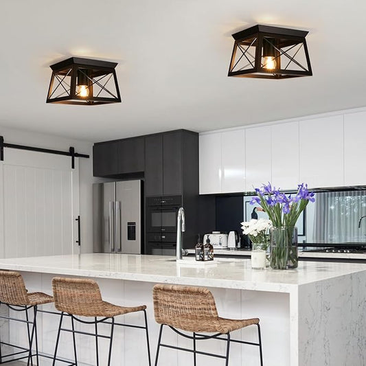 Farmhouse Ceiling Light Fixtures Black Flush Mount Ceiling Light 1-Light Industrial Metal-Framed Ceiling Lights, Rustic Flush Mount Ceiling Light for Hallway Kitchen Foyer Laundry Bedroom