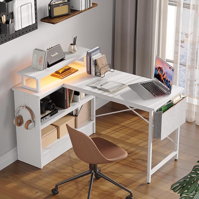 Bestier L Shaped Gaming Desk with LED Lights, 42 Inch Computer Desk with Monitor Stand & Open Storage Cabinet,Writing Study Corner Desk for Home Office Bedroom, White