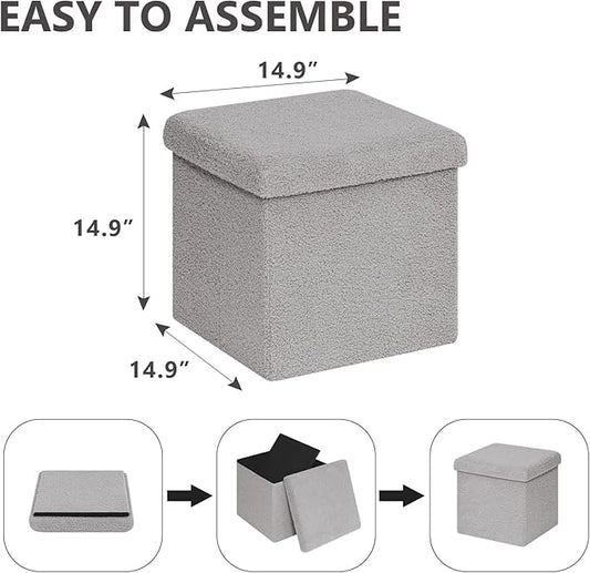 15 Inches Small Storage Ottoman - Square Ottoman with Sherpa Top,Storage Bench for Bedroom 15" D x 15" W x 15" H-Grey