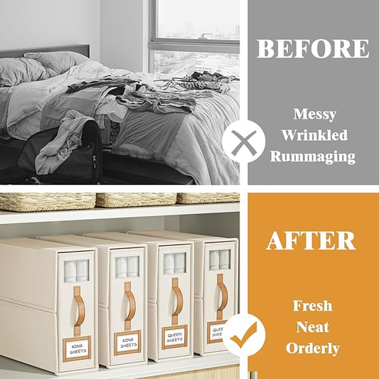 6 Pack Bed Sheets Organizers And Storage (King Size),Foldable Sheet Organizer With Handle For Linen Closet,Bedding Organizer Storage For Sheets, Duvet Cover (Beige, XCDSN-002