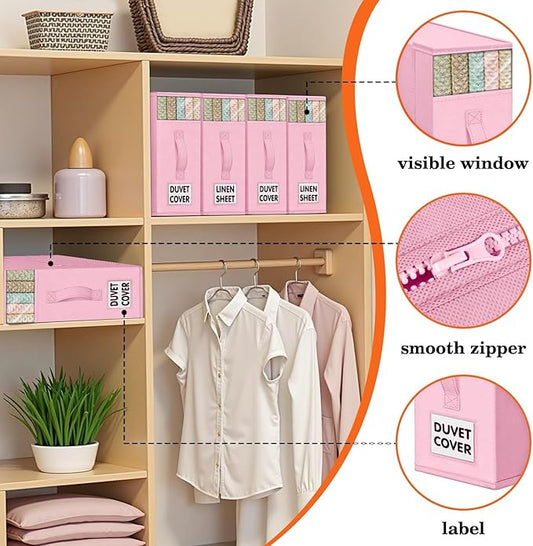 WOWBOX Sheet Organizers and Storage,Closet Bed Sheet Organizer Under Bed Storage and Organization with Label Cards & Clear Window for Bedding Sheets,Duvet Covers,Blankets (10 Pack,Pink)