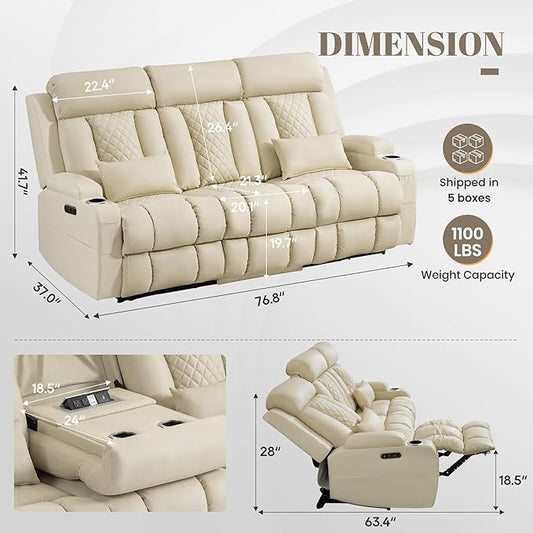 Zero Wall Hugger Power Reclining Sofa with Adjustable Headrest, Electric Reclining Couch with Drop-Down Table,Outlets, Power Loveseat Recliner Sofa for Living Room (PU Beige, 3 Seat) | Cat-Proof Leather