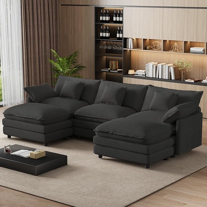 114" U Shaped Cloud Couch Sectionals Oversized Sectional Couches for Living Room Modular Couch, Large Velvet Cloud Sofa with Movable Ottoman, Grey