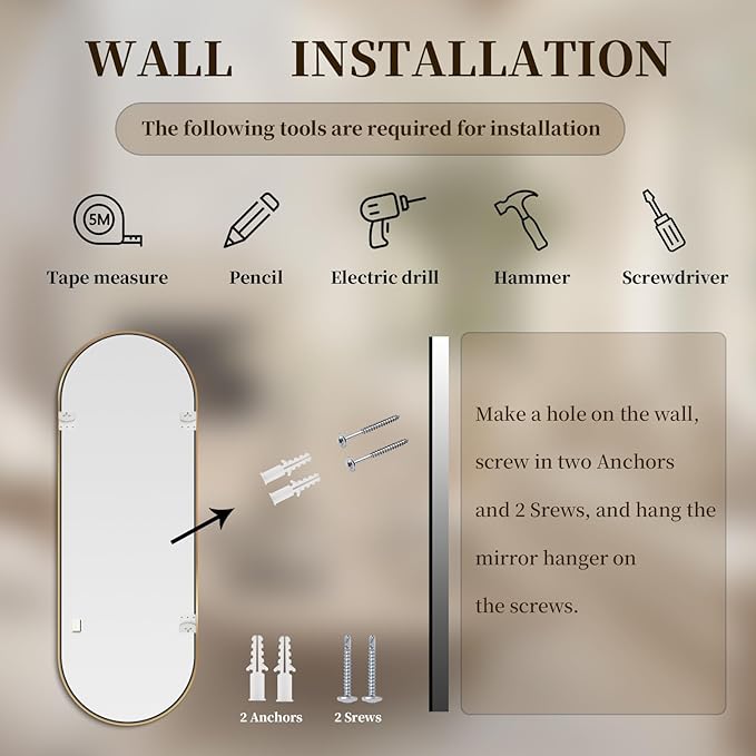 Oval Full Length Mirror, 48"×16" Wall-Mounted Mirror with Metal Frame, Ultra-Clear Explosion-Proof Dressing Mirror, Simple and Classic Deco for Cloakroom/Bedroom/Living Room, Gold