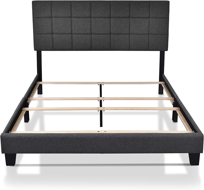Allewie Full Size Panel Bed Frame with Adjustable Headboard for High Profile/Fabric Upholstered/Square Stitched Padded Headboard/Box Spring or Bunkie Board Required/Dark Grey