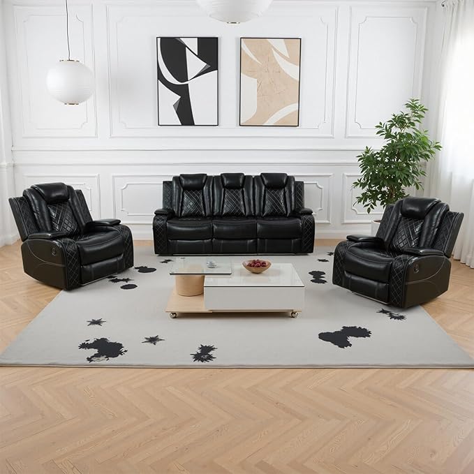 Power Recliner Sofa Set, Breathing Leather Reclining Couch Set, Leather Couch and 2 Recliner Chairs Set with LED Lights/Charging Ports/Storage for Home/Office (Black, Sofa+2 Chairs)
