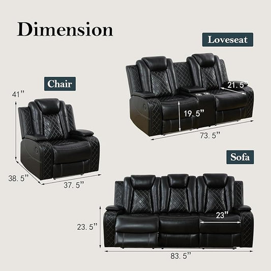 Power Recliner Sofa Set for Living Room Furniture Set, Leather Reclining Loveseat and Chair with Cup Holders, Hidden Storage for Home Theater Seating (Loveseat and Chair, Black)