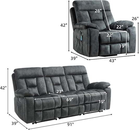 EBELLO 2 Piece Reclining Living Room Set, Soft Fabric Recliner Sofa Furniture Set, Included Power Lift Recliner Chair with Massage and Heat and 3 Seat Sofa, Dark Greenish-Grey