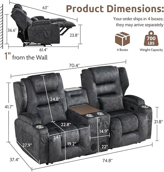 SAMERY Loveseat Recliner Sofa, Power Reclining Loveseat Sofa, Wall Hugger Recliners RV Couch with Console, Lift-Top Table, Rhythm & Ambient LED Lights, USB-C, Outlets, Velvet, Gray | Extra Wide Seat, Plush Padding, Dual Power Recline, Lift-Up Table, Am...