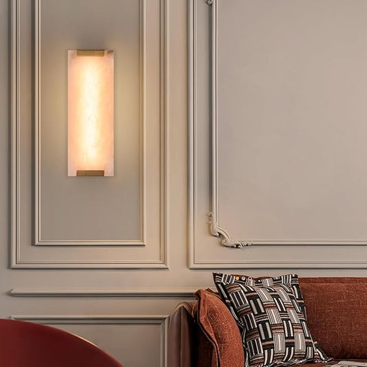 14.2in Alabaster Wall Sconces, Large Natural Marble Wall Sconces Set of Two, LED Modern Wall Lamp for Bedroom, Stairs, Living Room, Vanity, Bedside, Hallway (Brushed Bronze 12W)