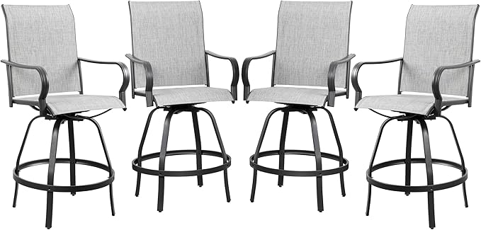 Shintenchi 4 Piece Patio Swivel Bar Chairs, All Weather Textile Outdoor Metal Bar Stools Patio Chairs Set of 4 with High Back, High Top Bistro Set Furniture for Balcony,Backyard,Garden,Deck,Light Grey