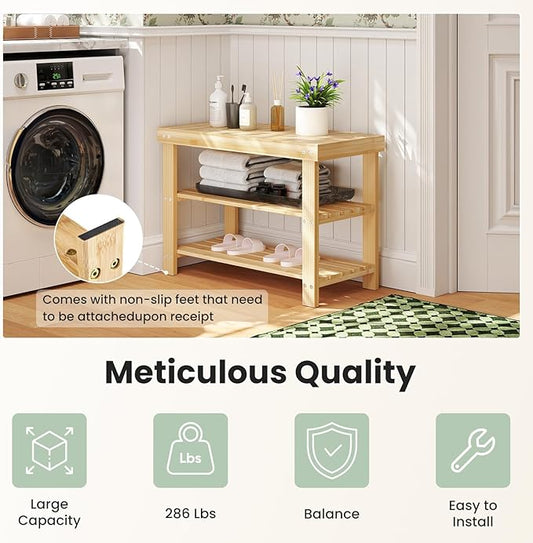 DUMOS Shoe Rack Bench, 3-Tier Bamboo Entryway Benches, Holds Up to 286 lb Storage Organizer, 11.3 x 27.6 x 17.8 Inches, Suitable for Bedroom Living Room Balcony, Classical Wood
