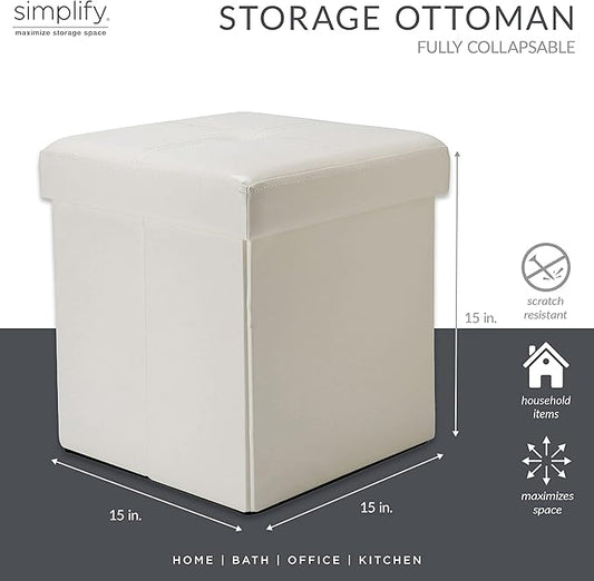 Simplify Faux Leather Folding Storage Ottoman | Single | Collapsible | Tufted Padded Seating | Foot Rest | Bench | Toy Box | Ivory
