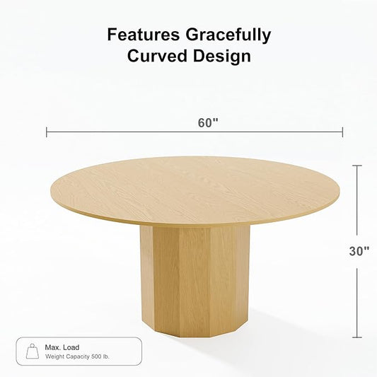 Casaphoria 60" Round Dining Table, Modern Wood Kitchen Table with Cylinder Polygonal Base for Living Room & Dining Room, Easy Assembly Farmhouse Furniture for 4-6, Oak