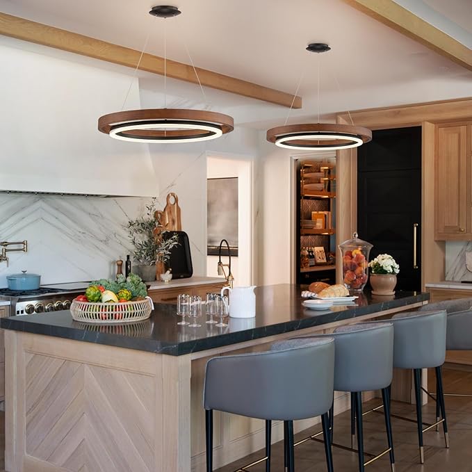 Modern LED Wooden Chandelier, 24" Dimmable 1-Ring Round Farmhouse Walnut Color Circular Dining Room Light Fixtures for Entryway Kitchen Foyer Living Room