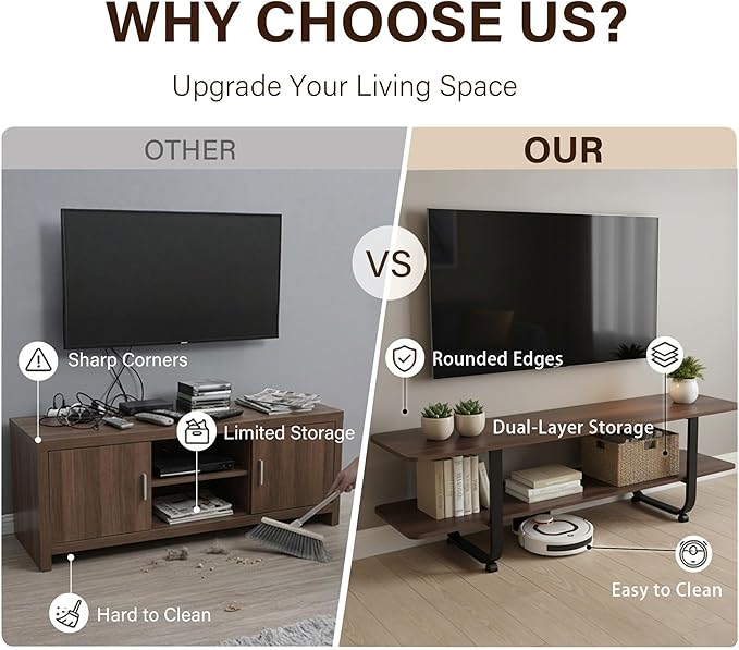 Welnow Walnut TV Stand for 65" TV, Mid Century Modern Entertainment Center with 2-Tier Open Shelves, Versatile Modern TV Console & Table for Living Room & Gaming