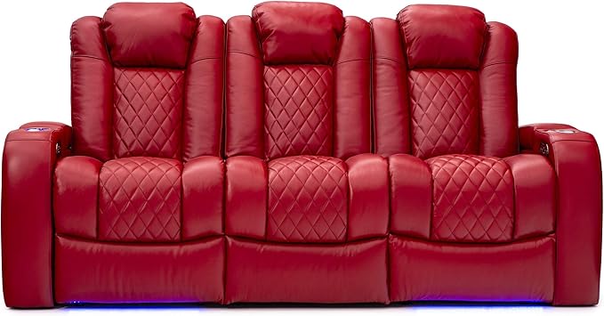 Seatcraft Anthem Home Theater Seating - Italian Leather - Power Recline Sofa - Fold-Down Table - Powered Headrests - Arm Storage - USB Charging - Cup Holders, Red