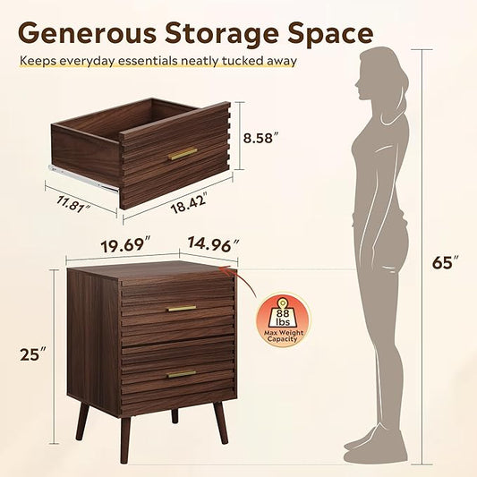 WLIVE Mid Century Modern Nightstand, Fluted Wood Bedside Table with Two Drawers, Brown Night Stand for Bedroom
