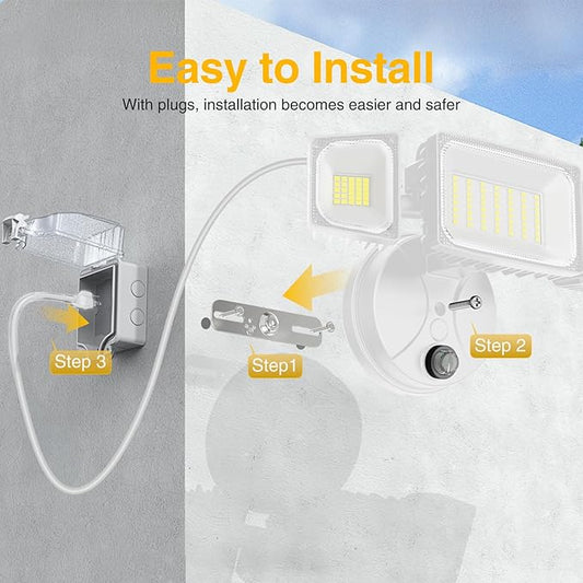 Onforu Plug in Flood Light,60W 6000LM Dusk to Dawn Outdoor Lighting,with Remote,IP65 Waterproof,3 Adjustable Heads Light for Garage Yard