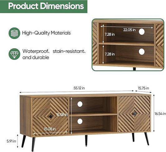 55.2" TV Stand for TVs up to 65 Inch, Entertainment Center with Storage and Adjustable Shelves, Modern Media Console for Living Room, Walnut