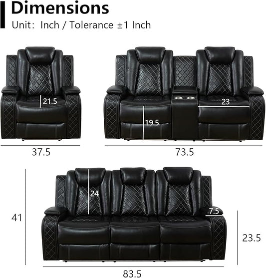 Power Leather Recliner Sofa Set with LED Light,Leather Couch Set for Reclining Sofa with Drop-Down Table/Loveseat with Storage Console/Single Chair 3 PCS Living Room Furniture(Black,3+2+1)