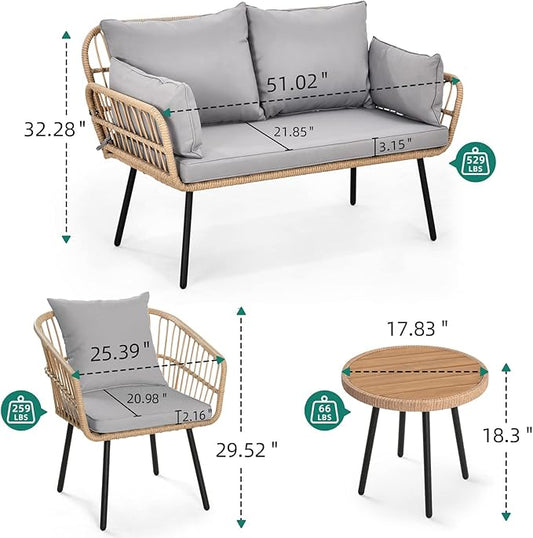 YITAHOME 4 Pieces Patio Furniture Set, Outdoor Wicker Patio Conversation Set, All-Weather Rattan Bistro Set with Loveseat Chairs Table Soft Cushions for Garden, Porch, Backyard - Grey